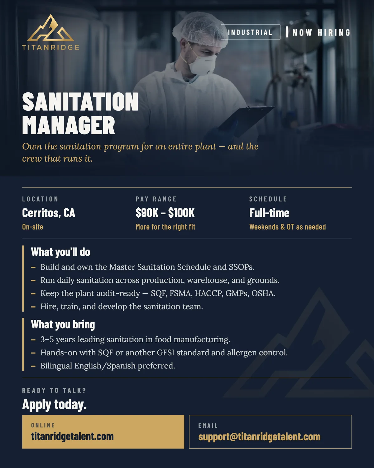 Now hiring: Sanitation Manager — Cerritos, CA. $90K–$100K, full-time, on-site. Apply at titanridgetalent.com.