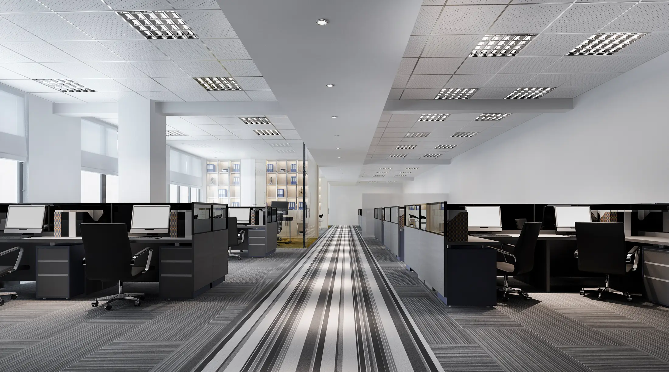 Modern office interior with cubicles and workstations